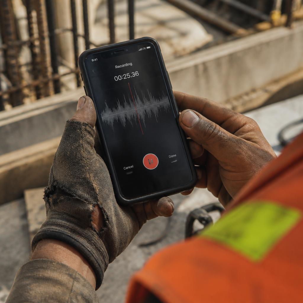 Mão de operário de obra segurando celular gravando áudio com forma de onda visível