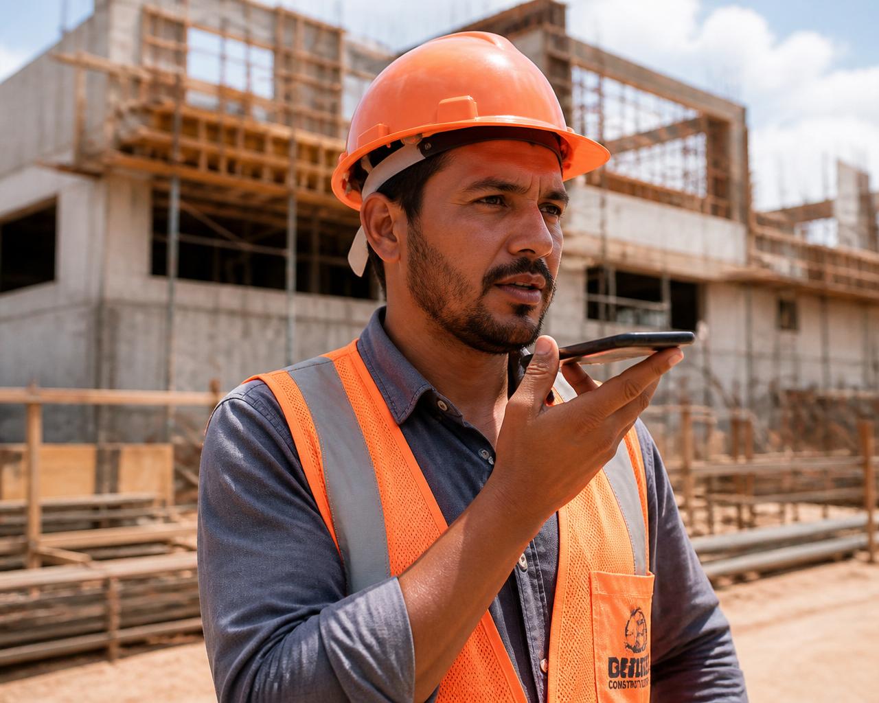 Encarregado de obra com capacete laranja gravando áudio no celular em canteiro de obras