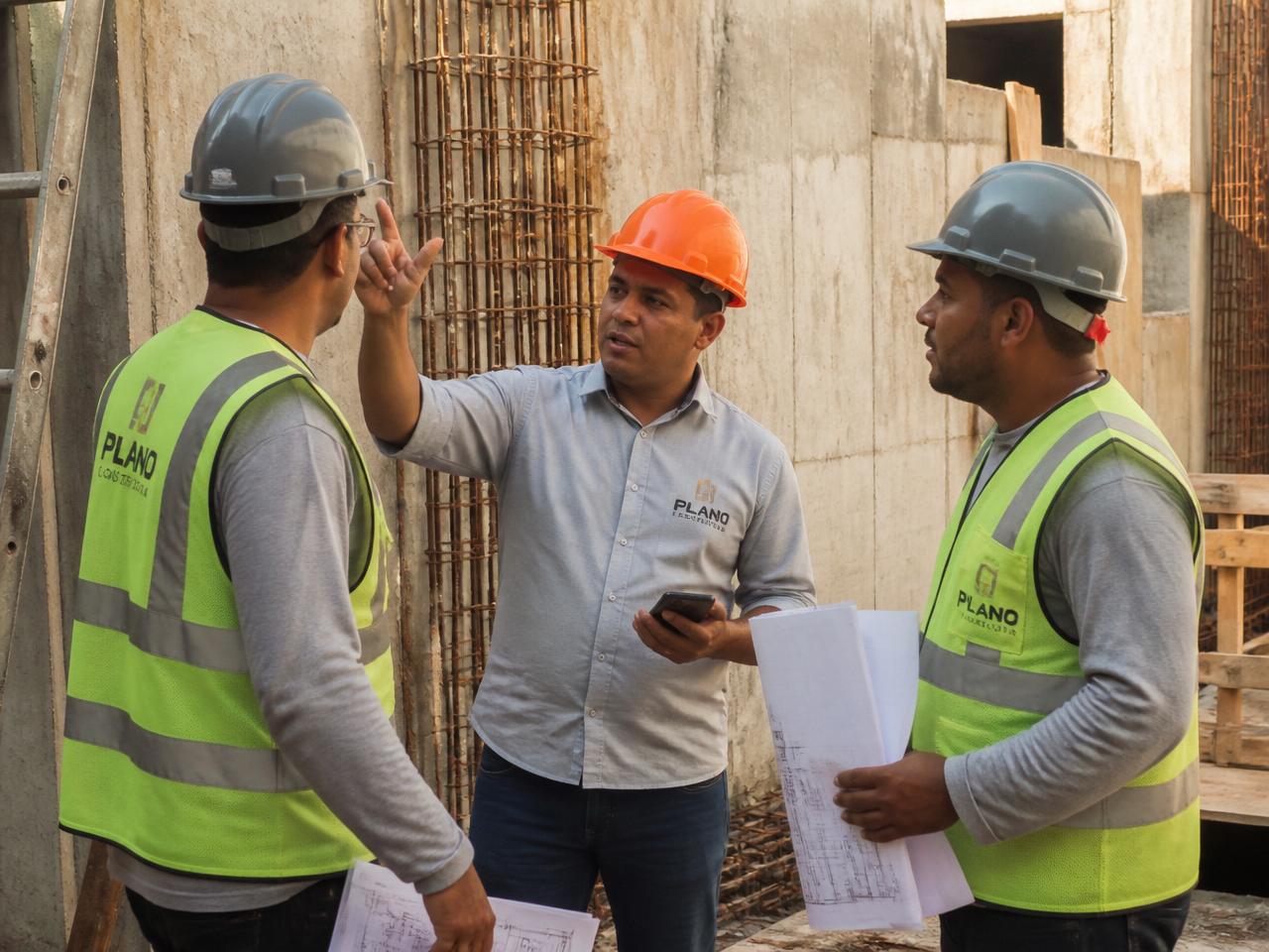 Engenheiro em capacete laranja alinhando serviço com dois colaboradores na obra